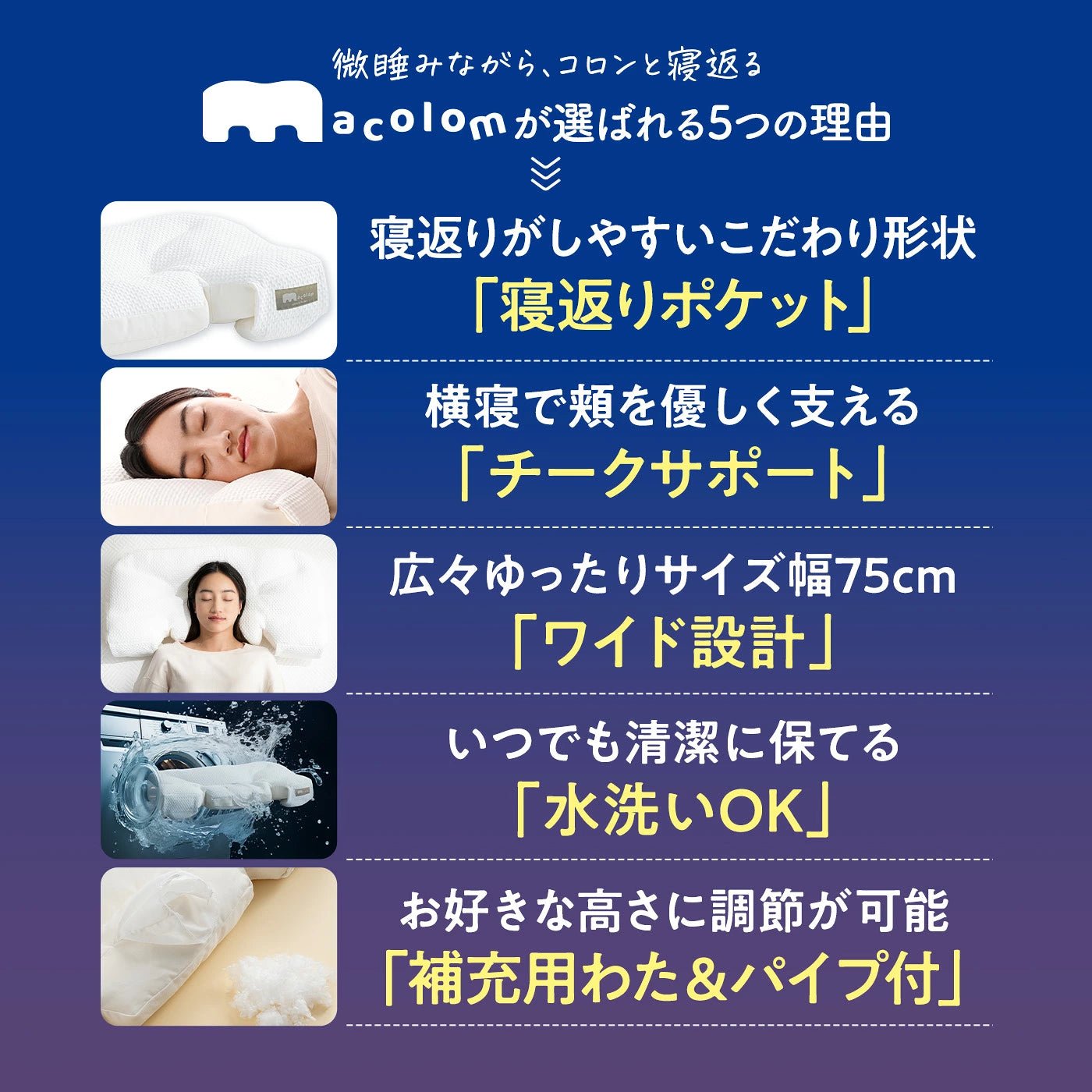 肩が“スポッ”とはまり、“コロン”と寝返りしやすい形状の熟睡枕